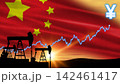 Silhouetted oil pump jacks harvest crude against an evening sky. A sharp financial growth graph tracks the rising Chinese oil trade. 142461417