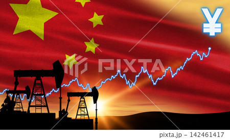 Silhouetted oil pump jacks harvest crude against an evening sky. A sharp financial growth graph tracks the rising Chinese oil trade. 142461417