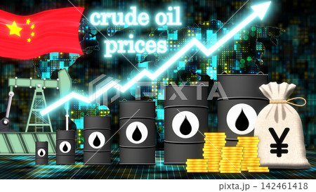 Barrels of petroleum line up next to a money bag and a rising chart line. Global map elements and the Chinese flag frame the market scene. Barrels of petroleum line up next to a money bag and a rising chart line. Global map elements and the Chinese flag frame the market scene. 142461418