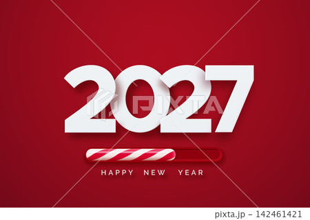 White 2027 numbers with candy cane loading bar on red background White 2027 numbers with candy cane loading bar on red background 142461421