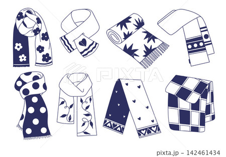 Winter Knitted Scarves and Neck Wrap Set. Isolated Blue Hand Drawn Doodle Scarf Collection with Floral, Garland, Heart, Plaid and Polka Dot Patterns for Apparel Design. Vector Illustration. Winter Knitted Scarves and Neck Wrap Set. Isolated Blue Hand Drawn Doodle Scarf Collection with Floral, Garland, Heart, Plaid and Polka Dot Patterns for Apparel Design. Vector Illustration. 142461434