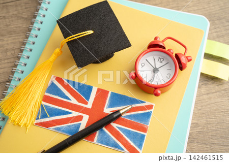 Time to learn English language, book with uk flag. Time to learn English language, book with uk flag. 142461515