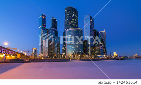 Moscow City skyscrapers in winter day to night timelapse. Moscow City skyscrapers in winter day to night timelapse. 142461614