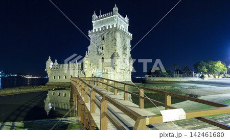 Belem Tower on Tagus River night timelapse hyperlapse. Lisbon, Portugal. Belem Tower on Tagus River night timelapse hyperlapse. Lisbon, Portugal. 142461680