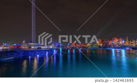 Panorama showing Riyadh Boulevard World entertainment park with largest artificial lake timelapse. Riyadh. Saudi Arabia Panorama showing Riyadh Boulevard World entertainment park with largest artificial lake timelapse. Riyadh. Saudi Arabia 142461693