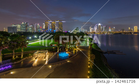 Singapore skyline panorama near Gardens by the bay with cloud forest, flower dome and supertrees day to night timelapse after sunset Singapore skyline panorama near Gardens by the bay with cloud forest, flower dome and supertrees day to night timelapse after sunset 142461716