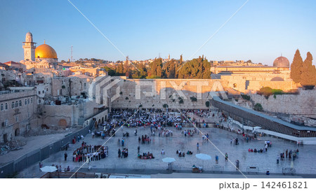 The Temple Mount in Jerusalem, including the Western Wall and the golden Dome of the Rock at Sunset timelapse The Temple Mount in Jerusalem, including the Western Wall and the golden Dome of the Rock at Sunset timelapse 142461821