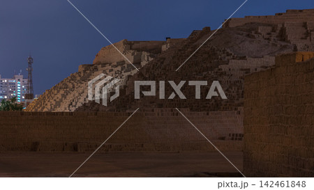 Pyramid of Huaca Pucllana day to night timelapse, pre Inca culture ceremonial building ruins in Lima, Peru 142461848