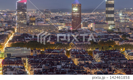 Panoramic aerial view of Lyon after sunset from Fourviere Hill day to night transition. France 142461858