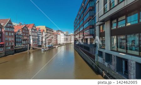 Panorama showing Kleines Dock along the northern Elbe Canal aerial timelapse in Hamburg, Germany. Panorama showing Kleines Dock along the northern Elbe Canal aerial timelapse in Hamburg, Germany. 142462005
