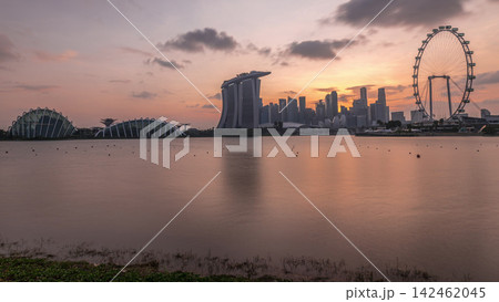 Sunset over the downtown skyline of Singapore as viewed from across the water from The Garden East timelapse. Singapore. Sunset over the downtown skyline of Singapore as viewed from across the water from The Garden East timelapse. Singapore. 142462045
