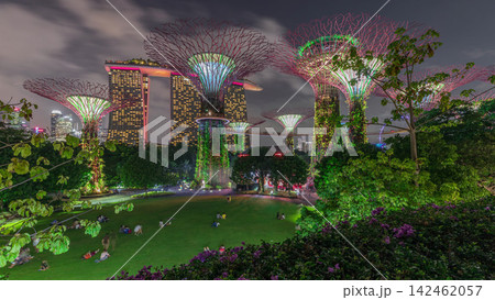 Futuristic aerial view of amazing illumination at Garden by the Bay day to night timelapse in Singapore. 142462057
