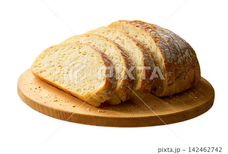 Sliced round of wheat rustic bread with sourdough, on cutting board , isolated on white background. 142462742