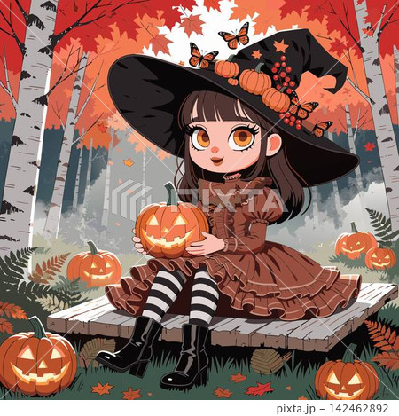 This is a cute anime-style digital illustration of a chibi witch holding a carved pumpkin in an autumn forest 142462892