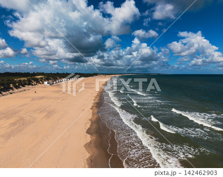 High angle wide horizontal aerial drone photograph of sandy beach, North Sea waves, beach cabins, coastal dunes, and cumulus cloud sky in Neeltje Jans, Zeeland, Netherlands on sunny summer day 142462903