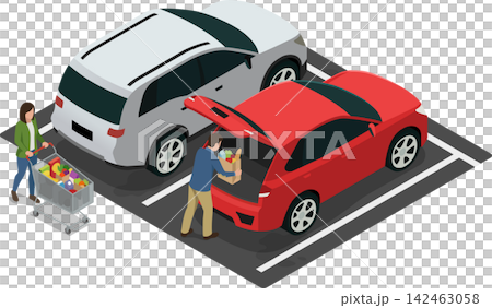 Parking lot with parked cars and people carrying groceries Parking lot with parked cars and people carrying groceries 142463058