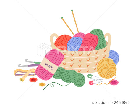 Knitting and crochet hobby supplies vector illustration. Basket with wool yarn, knitting needles, crochet hooks, and buttons isolated on white background. Cozy craft hobby tools composition 142463060