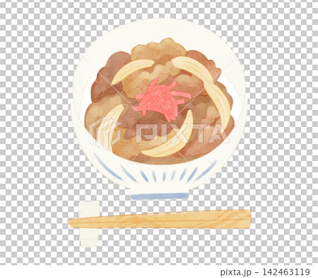 可愛又充滿奇思妙想的牛肉飯和筷子水彩風格插畫。 可愛又充滿奇思妙想的牛肉飯和筷子水彩風格插畫。 142463119