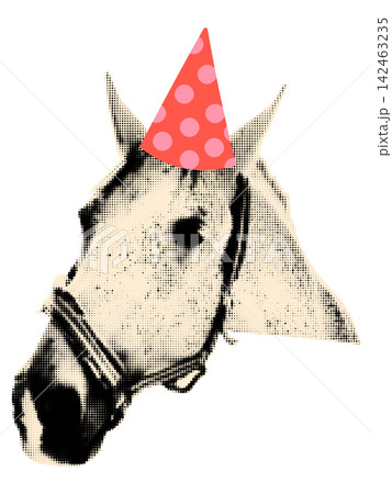 Halftone horse celebrating birthday and wearing red pink party hat. Vintage dotted sticker, playful element for collage. Modern retro mixed media vector illustration isolated on transparent background Halftone horse celebrating birthday and wearing red pink party hat. Vintage dotted sticker, playful element for collage. Modern retro mixed media vector illustration isolated on transparent background 142463235