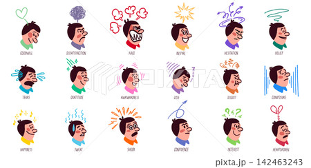 Face expression character set in crayon doodle comic style with colorful heads in different mood and emotion with expressive symbols. Face emotion set with clear moods and playful effects Face expression character set in crayon doodle comic style with colorful heads in different mood and emotion with expressive symbols. Face emotion set with clear moods and playful effects 142463243