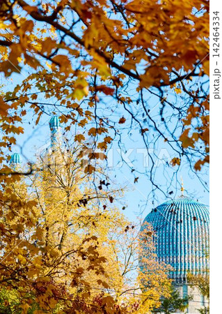 View of Saint Petersburg Blue Mosque through yellow leaves at sunny autumn day, large blue dome, The mosque opened in 1913, was the largest mosque in Europe outside Turkey View of Saint Petersburg Blue Mosque through yellow leaves at sunny autumn day, large blue dome, The mosque opened in 1913, was the largest mosque in Europe outside Turkey 142464334