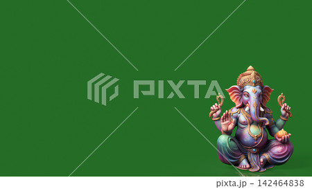 Colorful Ganesha Statue on Green Background with Copy Space 3d render. Colorful Ganesha Statue on Green Background with Copy Space 3d render. 142464838