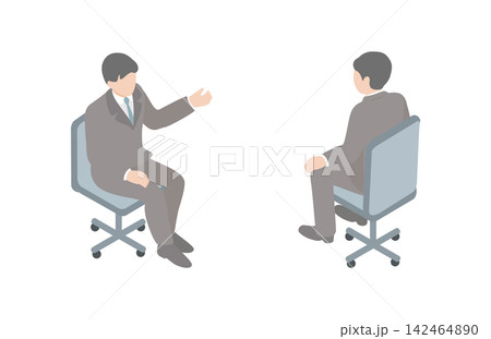 アイソメトリック　ビジネス　人物　男性　スーツ　イス　座る　ポーズ　オフィス　仕事　イラスト　素材 142464890