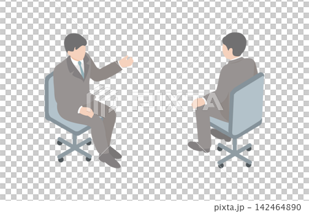 アイソメトリック　ビジネス　人物　男性　スーツ　イス　座る　ポーズ　オフィス　仕事　イラスト　素材 142464890