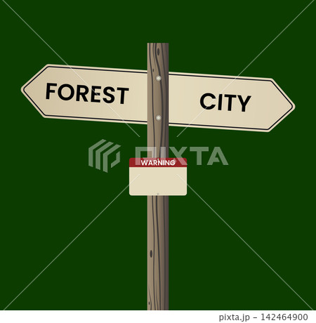 Wooden signpost with forest and city direction boards and a warning sign Wooden signpost with forest and city direction boards and a warning sign 142464900