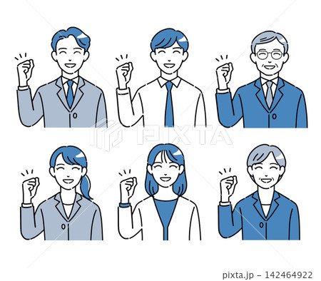 ガッツポーズをするビジネスパーソンのイラストセット 青 ガッツポーズをするビジネスパーソンのイラストセット 青 142464922