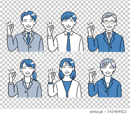 ガッツポーズをするビジネスパーソンのイラストセット 青 ガッツポーズをするビジネスパーソンのイラストセット 青 142464922