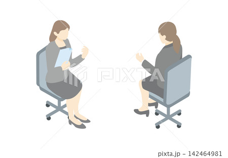 アイソメトリック　ビジネス　人物　女性　イス　座る　全身　ポーズ　オフィス　仕事　イラスト　素材 142464981
