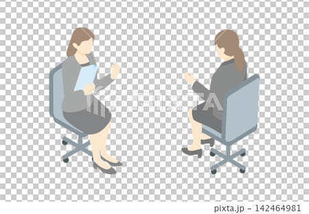 アイソメトリック　ビジネス　人物　女性　イス　座る　全身　ポーズ　オフィス　仕事　イラスト　素材 142464981