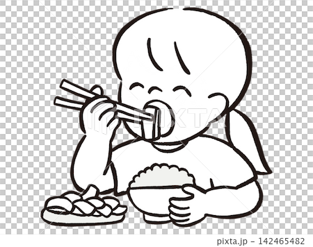 一個女孩用筷子吃飯 | 兒童飲食教育、餐桌禮儀和日常生活的線條藝術向量插圖。 一個女孩用筷子吃飯 | 兒童飲食教育、餐桌禮儀和日常生活的線條藝術向量插圖。 142465482