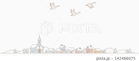 白鳥が飛ぶ雪の町　冬景色のイラスト 横長バナー背景 142466075