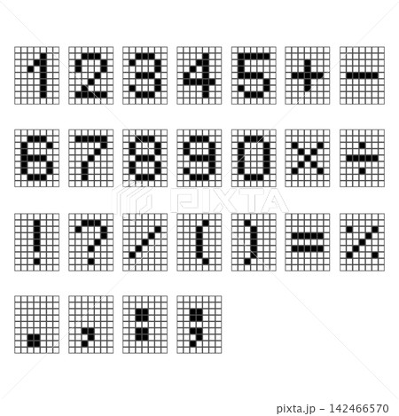 方眼紙に描かれたピクセルアートの数字と記号 方眼紙に描かれたピクセルアートの数字と記号 142466570