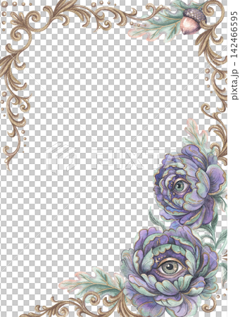 Gothic frame with eye flower and oak leaves with acorn. Hand drawn watercolor opulent vertical background with purple peony and gold antique filigree. Botanical graphic for halloween mystic design. Gothic frame with eye flower and oak leaves with acorn. Hand drawn watercolor opulent vertical background with purple peony and gold antique filigree. Botanical graphic for halloween mystic design. 142466595