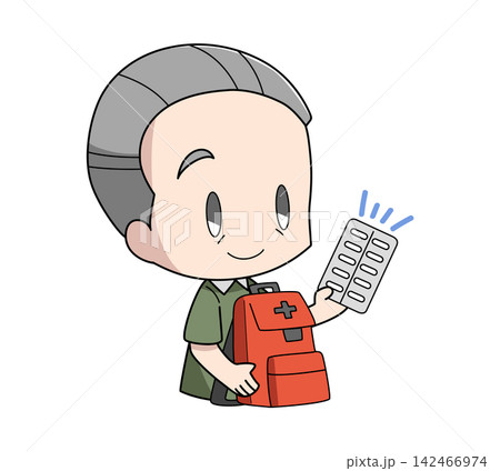 災害時の持ち出しリュックに薬を入れる高齢男性のイラスト 災害時の持ち出しリュックに薬を入れる高齢男性のイラスト 142466974