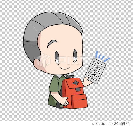 災害時の持ち出しリュックに薬を入れる高齢男性のイラスト 災害時の持ち出しリュックに薬を入れる高齢男性のイラスト 142466974