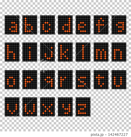 Orange dot alphabet lowercase letters in the style of an electronic display board Orange dot alphabet lowercase letters in the style of an electronic display board 142467227