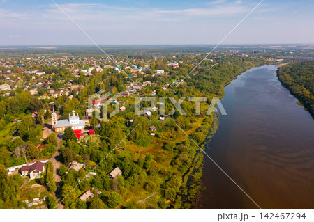 Church of St. Nicholas the Wonderworker of city Manturovo from helicopter. Russia Church of St. Nicholas the Wonderworker of city Manturovo from helicopter. Russia 142467294