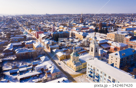 Aerial view of Yelets winter cityscape on sunny day 142467420