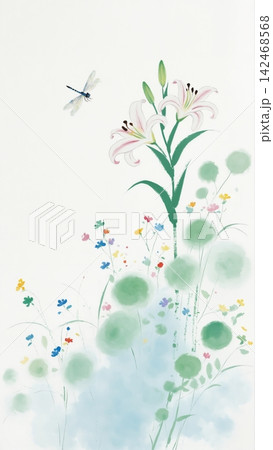 Sparkling clear water surface backgrounds combined with bright wildflower field scenic illustrations Sparkling clear water surface backgrounds combined with bright wildflower field scenic illustrations 142468568