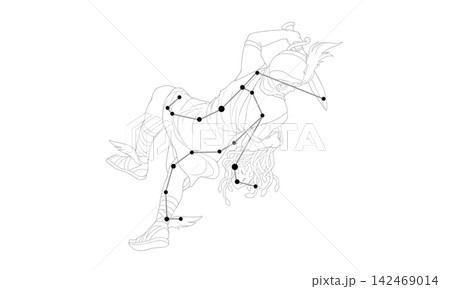 ペルセウス座のモノクローム線画イラスト(星座絵と星座線) ペルセウス座のモノクローム線画イラスト(星座絵と星座線) 142469014