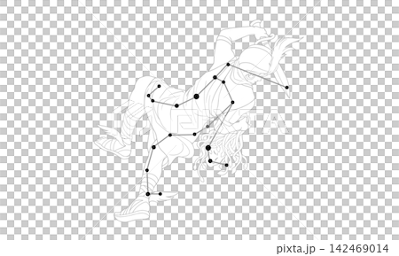 ペルセウス座のモノクローム線画イラスト(星座絵と星座線) ペルセウス座のモノクローム線画イラスト(星座絵と星座線) 142469014
