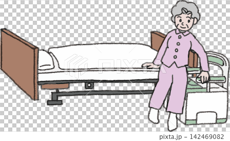 A full-color illustration of a senior woman about to sit on a portable toilet next to her bed. A full-color illustration of a senior woman about to sit on a portable toilet next to her bed. 142469082