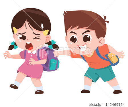 School Boy Bullying Girl by Pulling Backpack Cartoon Illustration 142469164