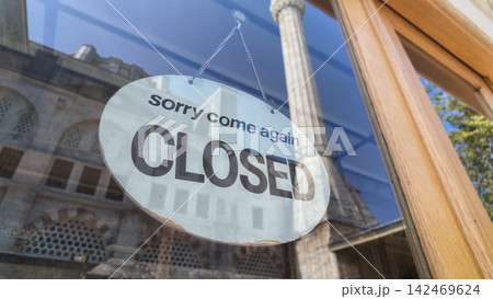 Sign shows store is closed to visitors Sign shows store is closed to visitors 142469624