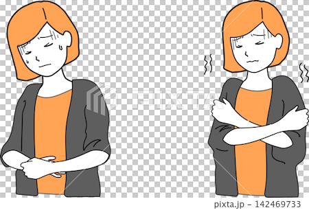 A set of vector illustrations of a woman complaining of feeling unwell, such as having a stomach ache or chills. A set of vector illustrations of a woman complaining of feeling unwell, such as having a stomach ache or chills. 142469733