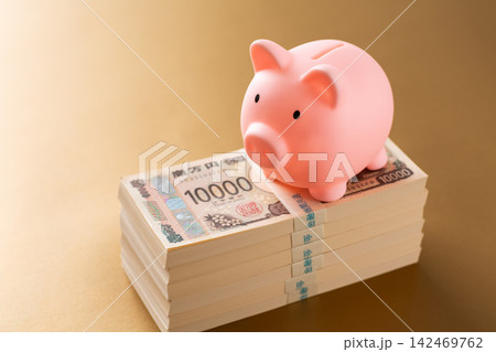 600万円の札束とピンクの豚の貯金箱　金バック 142469762